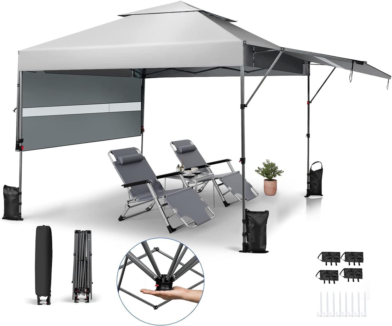 Altana Ogrodowa 3x3 m z Rozszerzoną Markizą, Składana Altana Ogrodowa z 4 Słupkami, Namiot Ogrodowy o Regulowanej Wysokości Wnętrza (Biały)