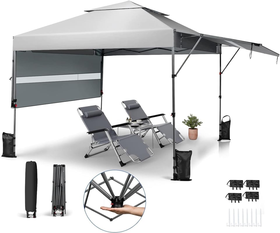 Altana Ogrodowa 3x3 m z Rozszerzoną Markizą, Składana Altana Ogrodowa z 4 Słupkami, Namiot Ogrodowy o Regulowanej Wysokości Wnętrza (Biały)