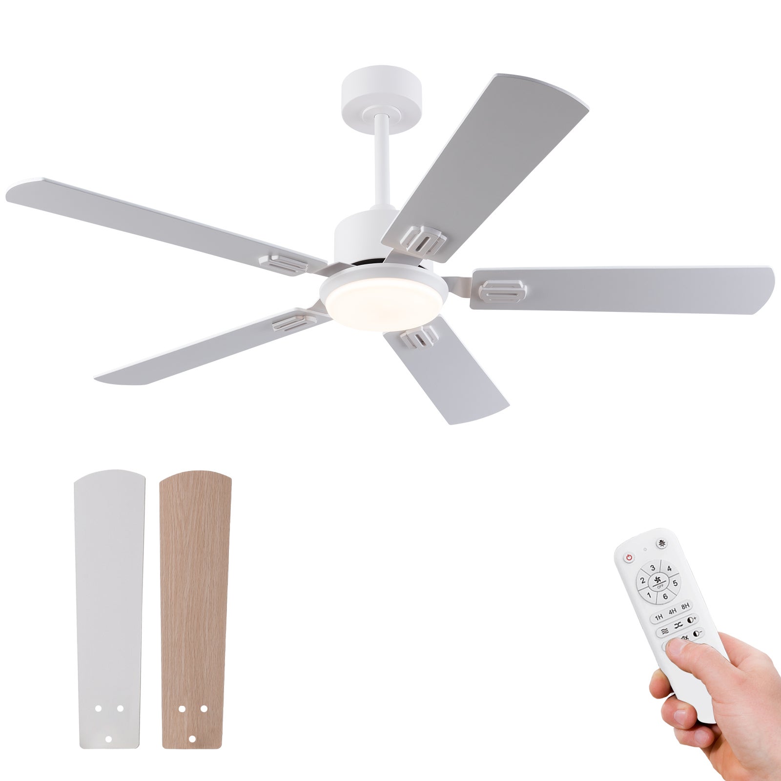 Ventilador de techo de 132 cm (52 pulgadas) con luz y mando a distancia, 5 aspas con acabado en blanco y madera natural.