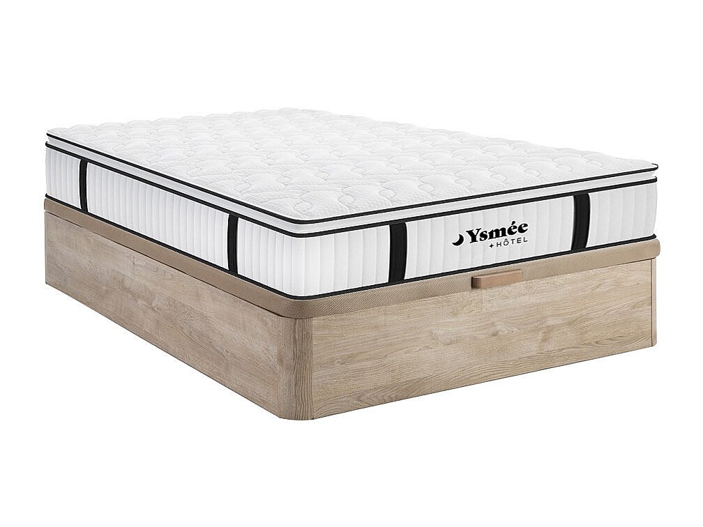 Zestaw 140 x 190 cm stelaż ze skrzynią naturalny jasny + materac ognioodporny o grub. 28 cm ze sprężynami kieszeniowymi i zintegrowaną nakładką - DELI