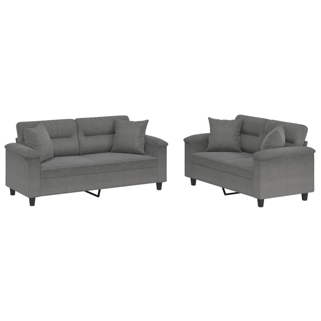 Set Divani 2 Pezzi In Tessuto Grigio Scuro, Con 16 Cuscini, Struttura In Metallo E Compensato, 138-158 Cm, Per Soggiorno