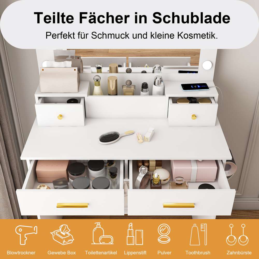 Toeletta con Specchio XXL 75x48 cm, 4 Cassetti, LED Dimmerabile 3 Colori, Sgabello e Supporto Phon - 7