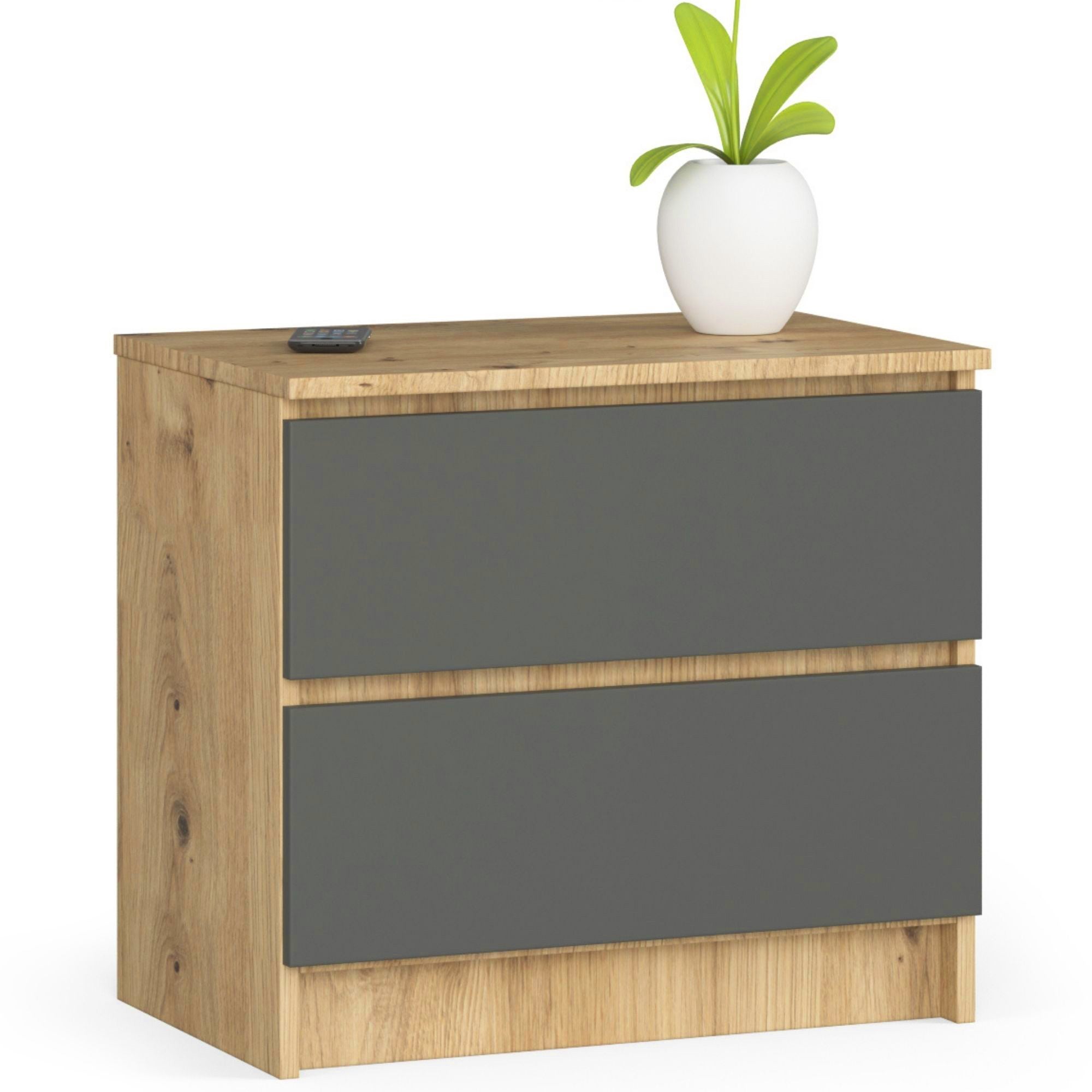 Szafka nocna AKORD K60 Dąb Artisan 60 cm 2 szuflady kolor Grafit Szary mat 60x40x55 cm