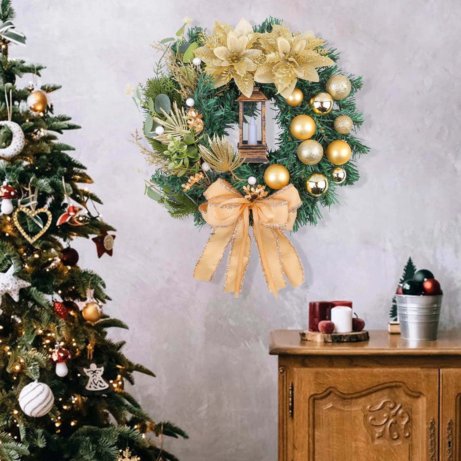 Decorazione da parete dorata per le festività invernali, ghirlanda natalizia luminosa, ideale per la porta d'ingresso, luce calda. - 3