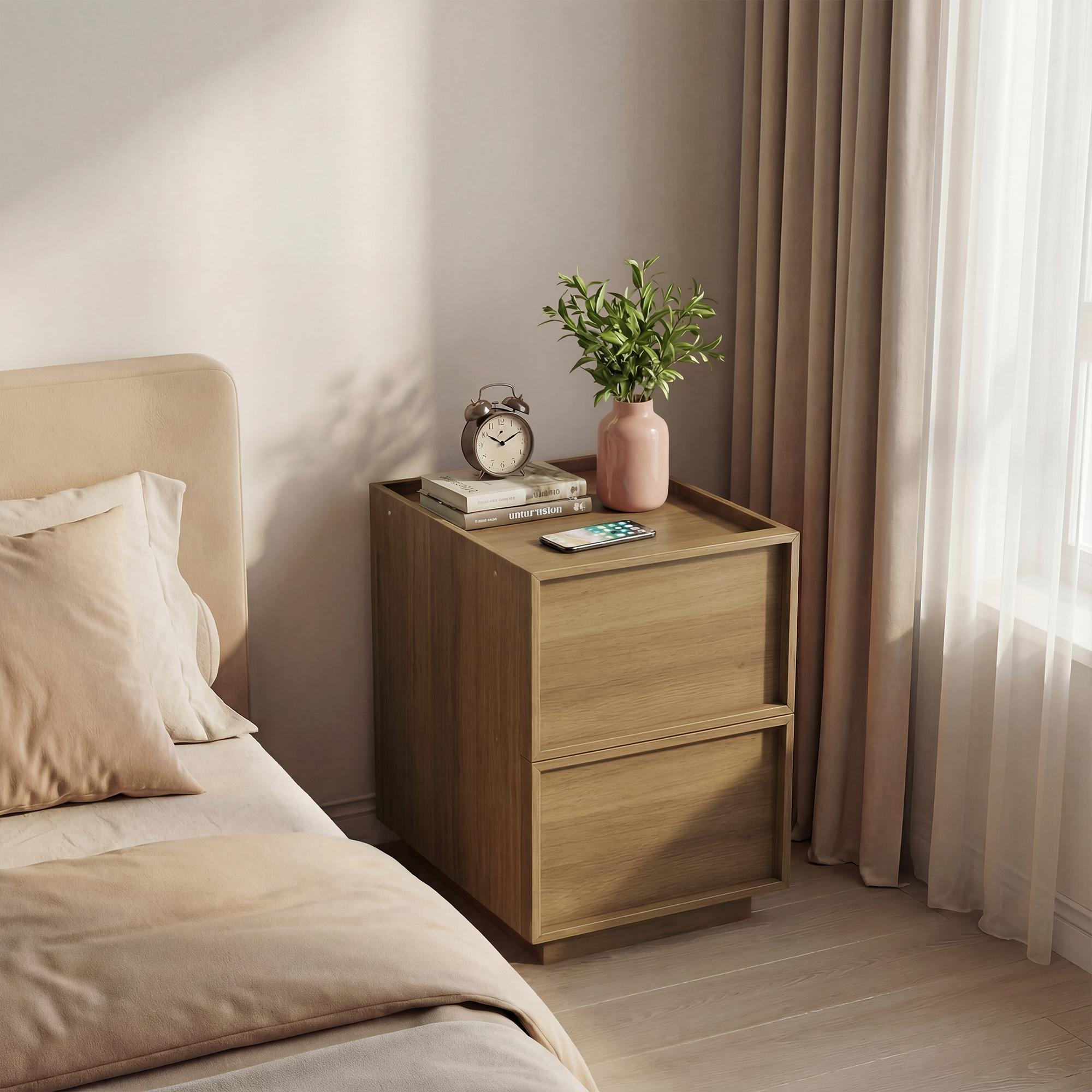Mesita de noche 38x48x54 cm con 2 cajones, sin tiradores, en MDF y ...