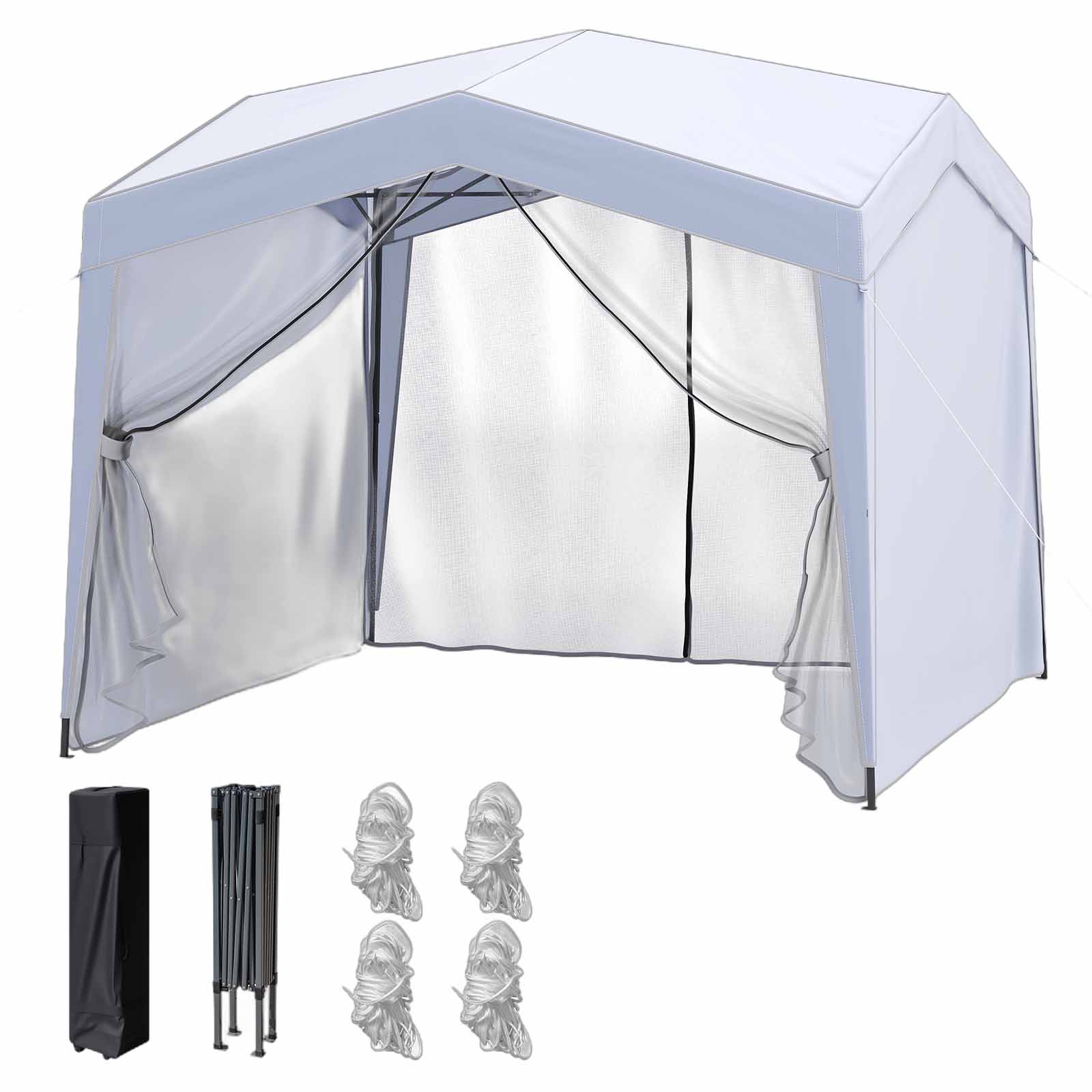 Składana altana ogrodowa Pop-up 3 x 3 m z 4 ściankami bocznymi, namiot recepcyjny z siatką, torba na kółkach, 8 śledzi, 4 linki odciągowe, kolor biały