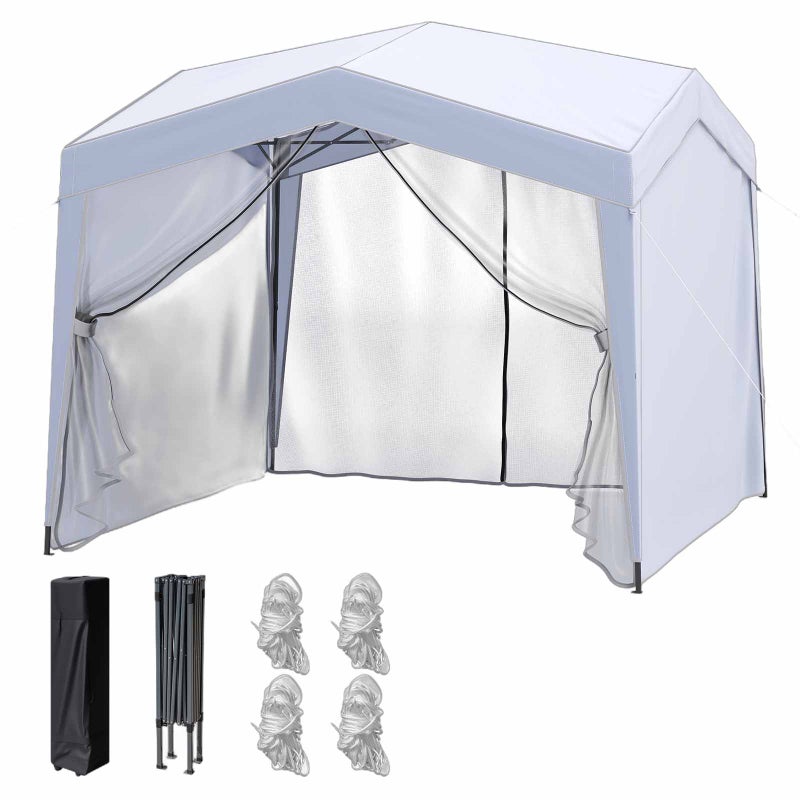 Składana altana ogrodowa Pop-up 3 x 3 m z 4 ściankami bocznymi, namiot recepcyjny z siatką, torba na kółkach, 8 śledzi, 4 linki odciągowe, kolor biały