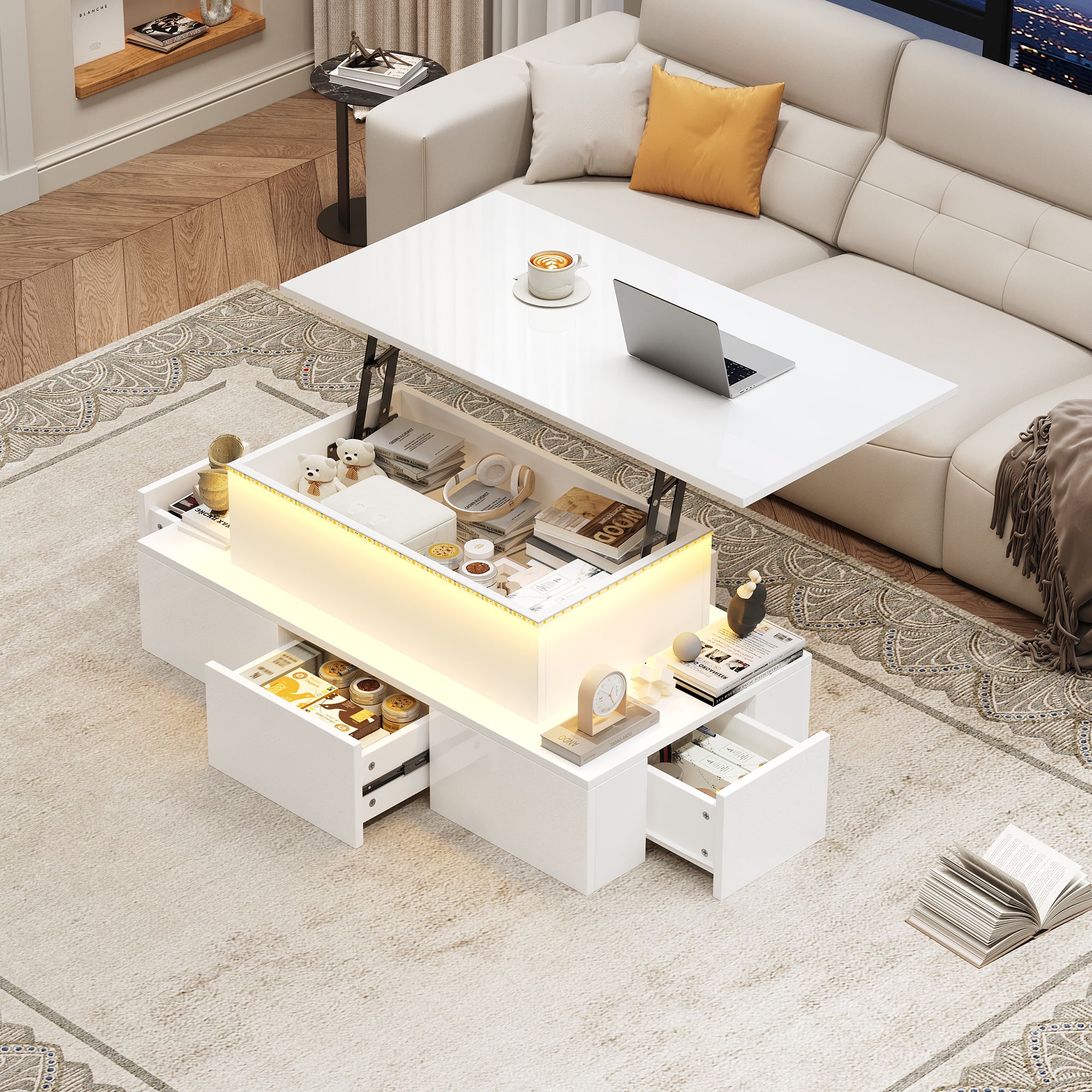 Stolik kawowy z podnoszonym blatem 100x50x40 cm - z 4 szufladami - z oświetleniem LED - ukryty schowek - płyta MDF - biały