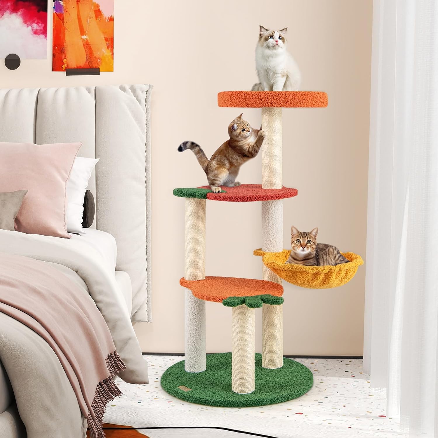 Arbre a Chat Bois 99,5 cm, Arbre a Chat Design à 4 Niveaux, 4 Poteaux à Griffer en Sisal, 4 Plateformes, Polaire Teddy, 48,5 x 48,5 x 99,5 cm - 3
