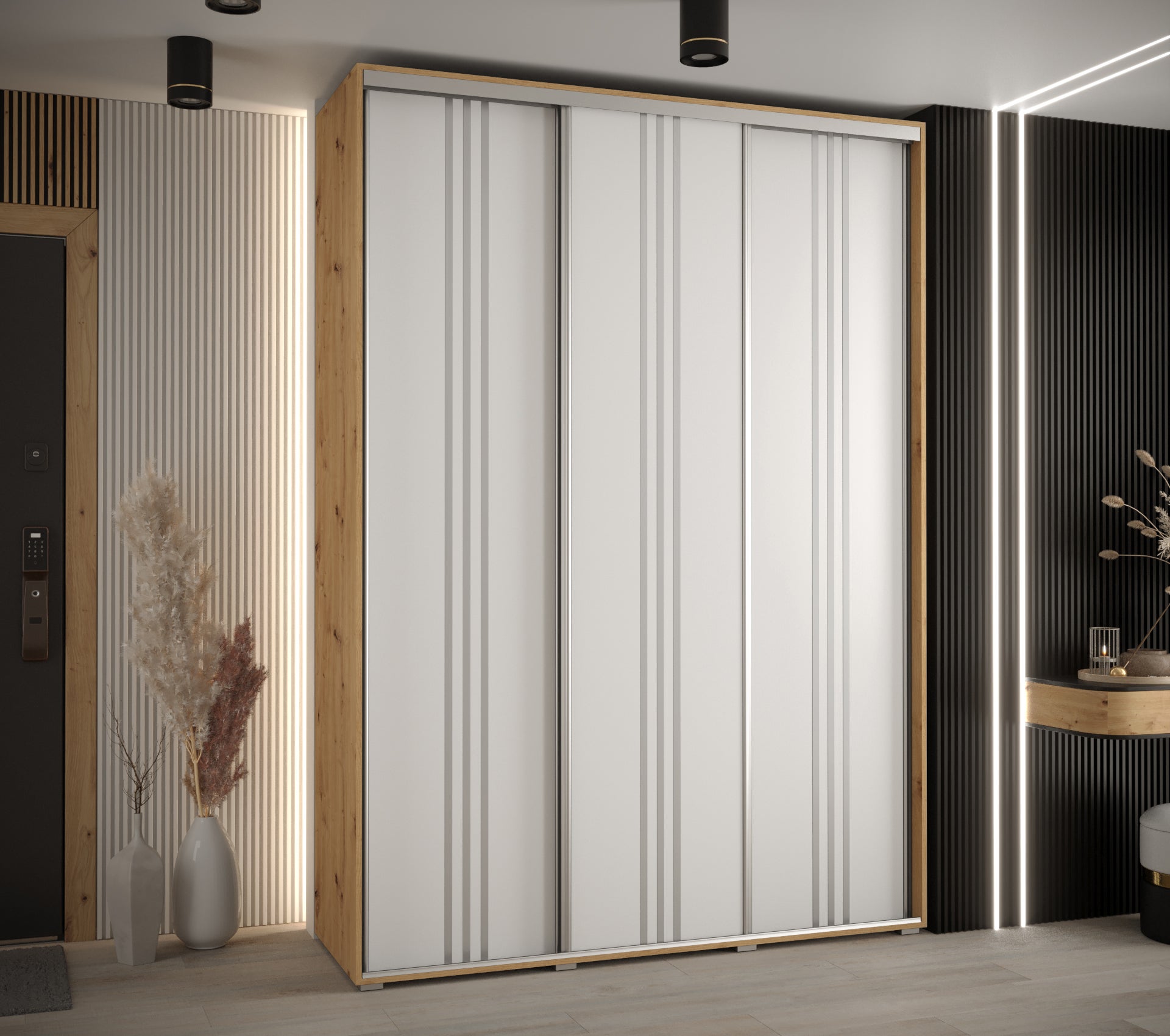Szafa przesuwna wysoka Davos 6 170 x 60 x 235,2 cm artisan + biały + u. srebrny - Abiks Meble - 2