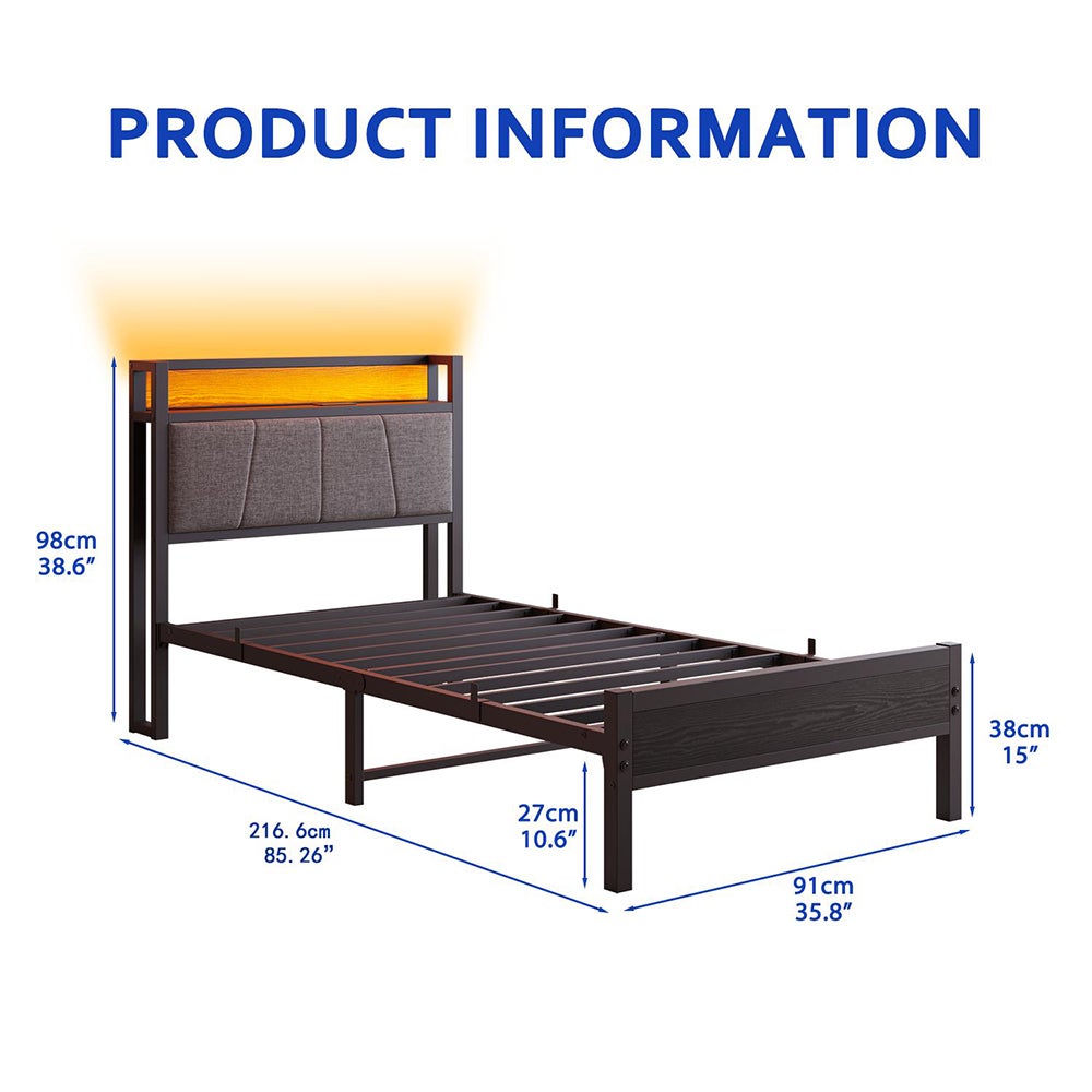 Łóżko dla dorosłych z inteligentnym oświetleniem LED i portami USB, metalowa konstrukcja, czarne - 90 x 200 cm - 4