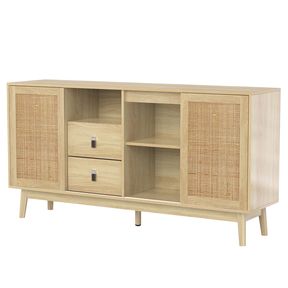Buffet avec 3 portes coulissantes en rotin véritable et 2 tiroirs - 2