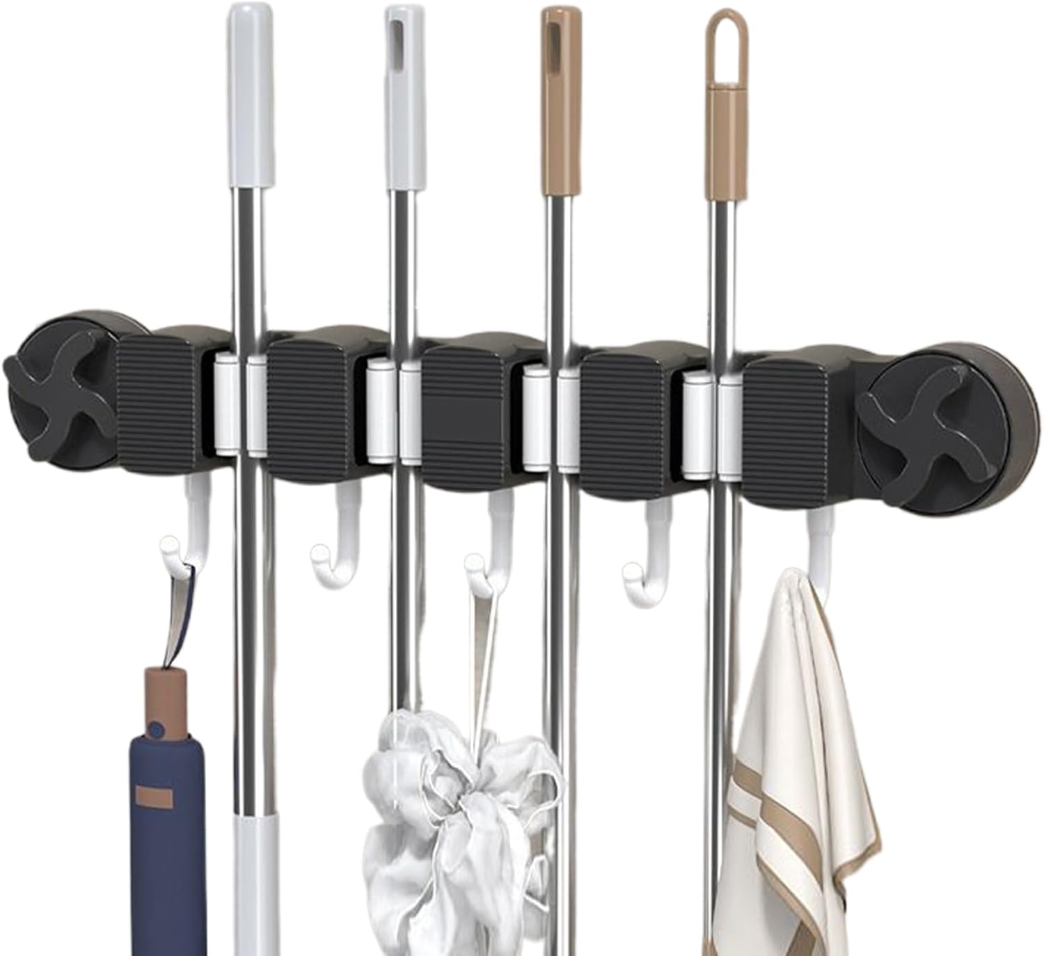 Supporto da parete per mocio e scopa, in legno massello, supporto da parete, 4 posizioni, 3 ganci per casa, cucina, giardino, attrezzi, garage, organizzazione di prodotti per la pulizia, organizer per