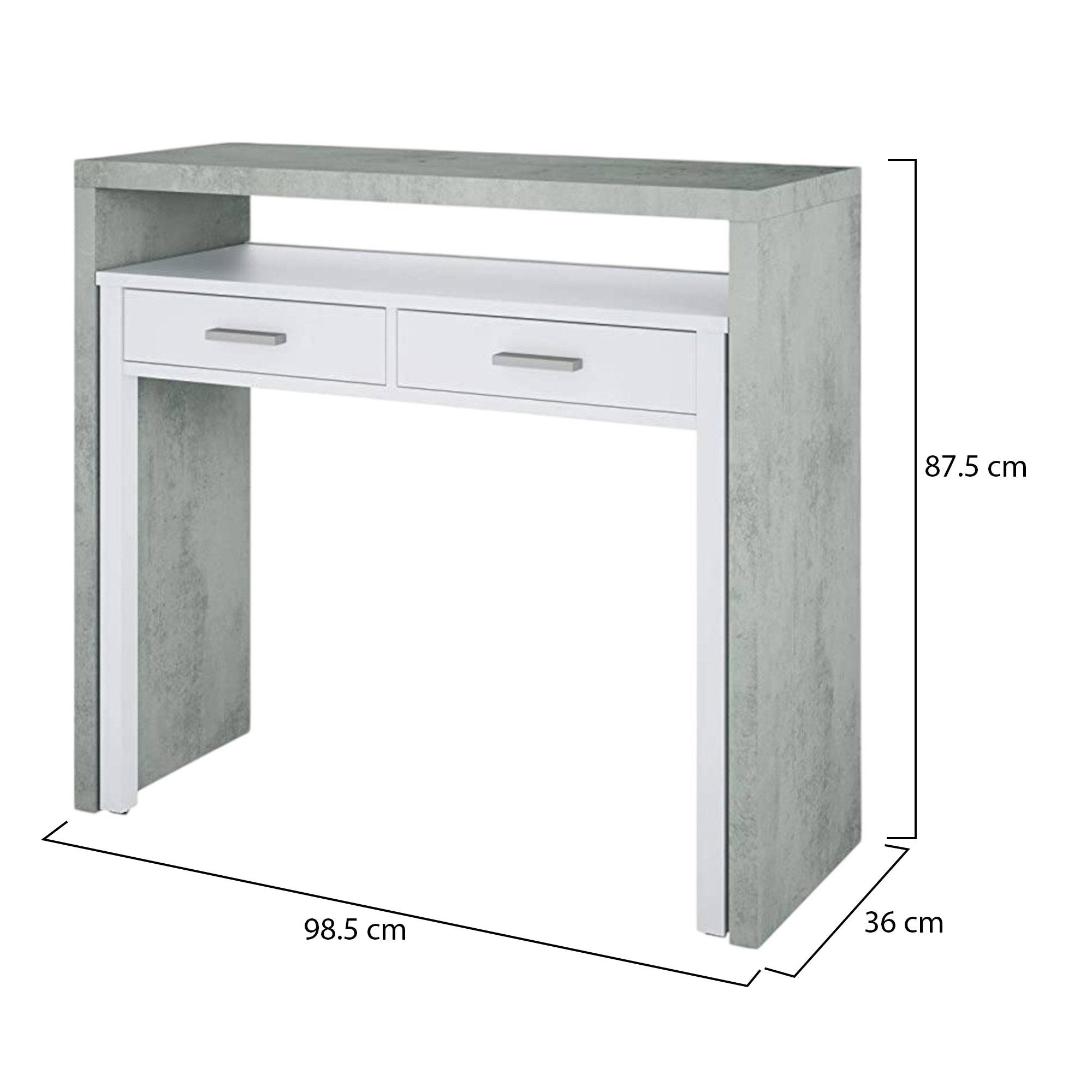 Bureau Billings, Bureau avec plateau extensible, Bureau PC avec 2 tiroirs, 99x36h88 cm, Ciment et Blanc - 8