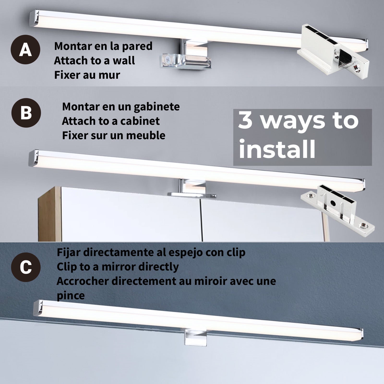 Aplique de Pared LED Slim para Baño y Espejo de Aluminio 10W-40cm-IP44 Luz Blanca Neutra 4000K, Cromado - 2