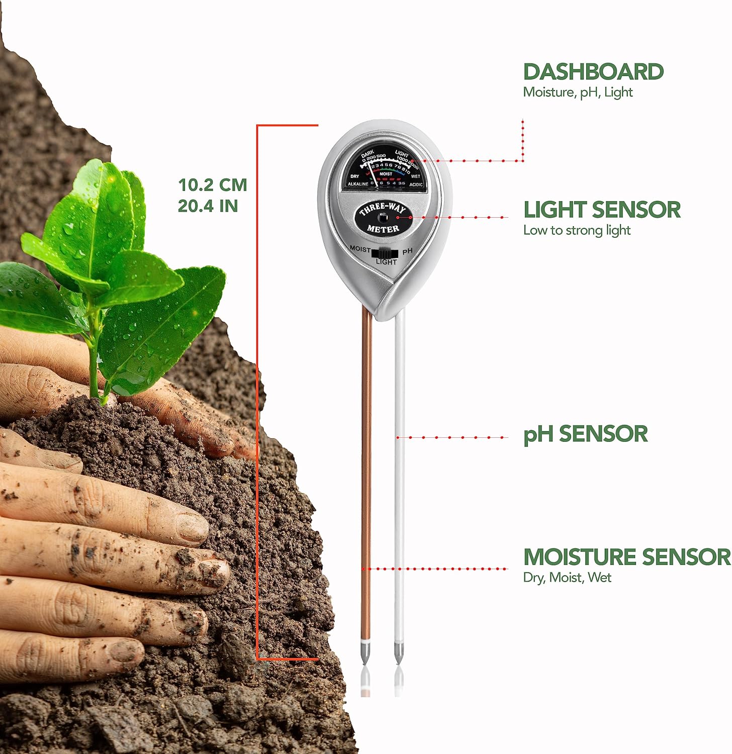Tester PH Terreno 3 In 1 - Misura Umidit&agrave;, PH E Luce, Senza Batterie, Per Giardinaggio