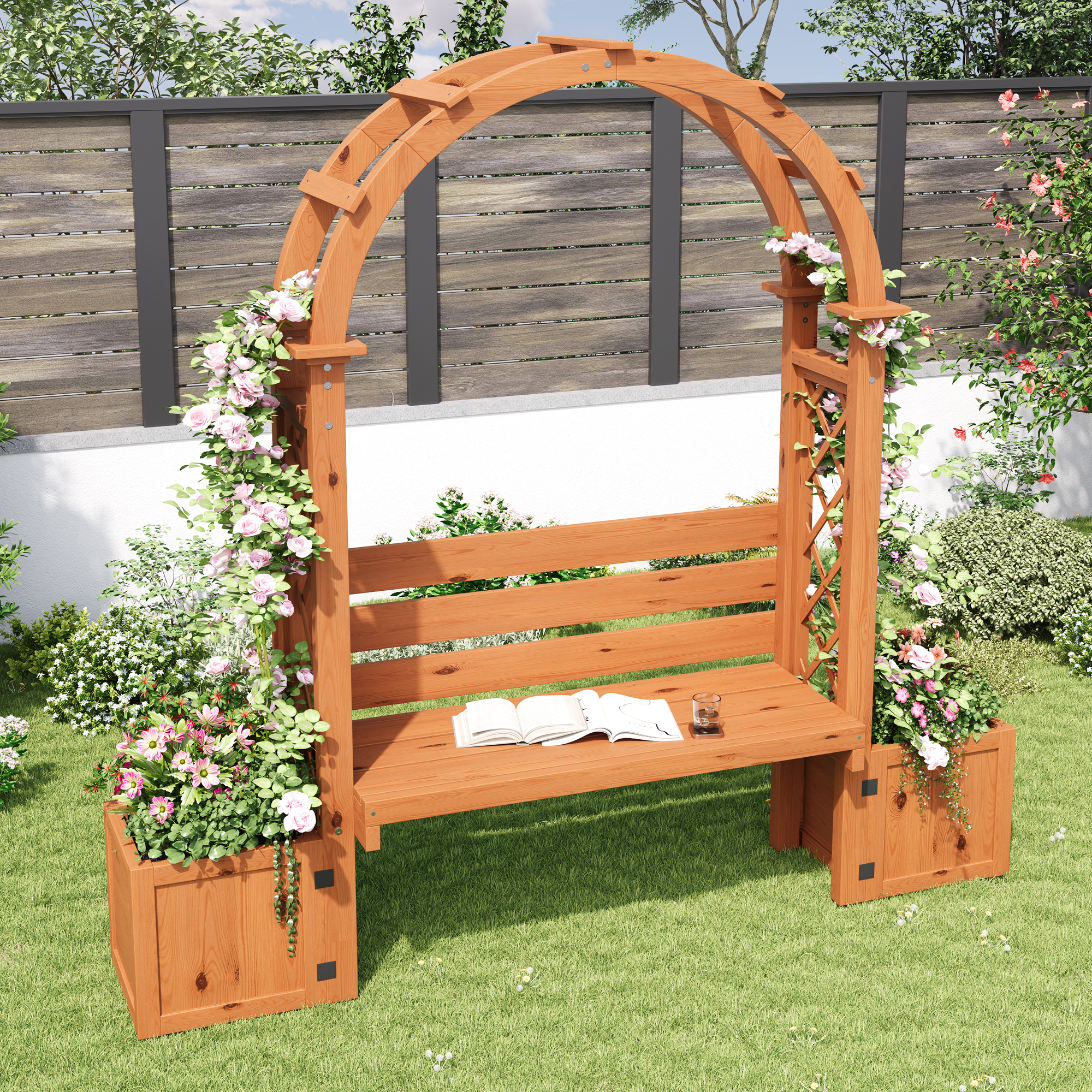 Jardinière sur Pièds avec Treillis en Bois massif + 1 Banc 2 Places - 160 x 30.5 x 160 cm - Naturel - 9
