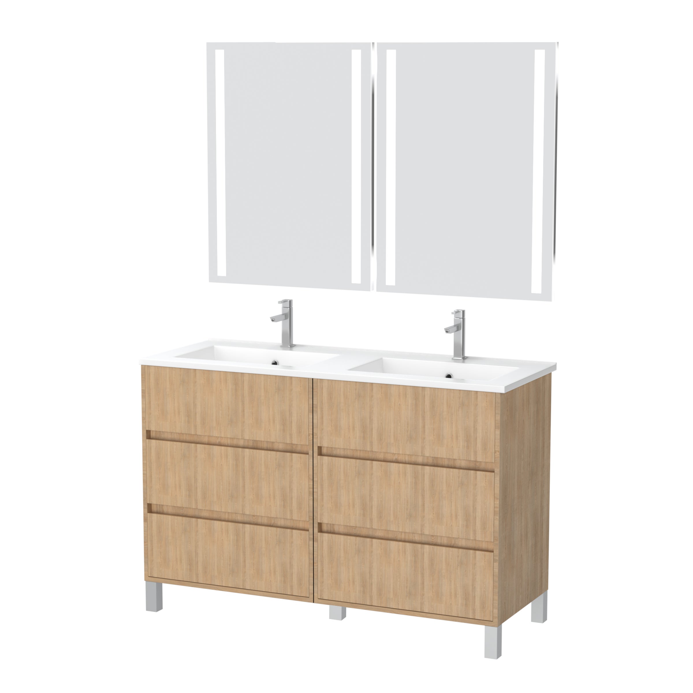 Meuble Salle de Bains 120 cm Chêne Clair 6 Tiroirs, Vasque, Miroirs 60x80 à Leds intégrées - XENOS - 3