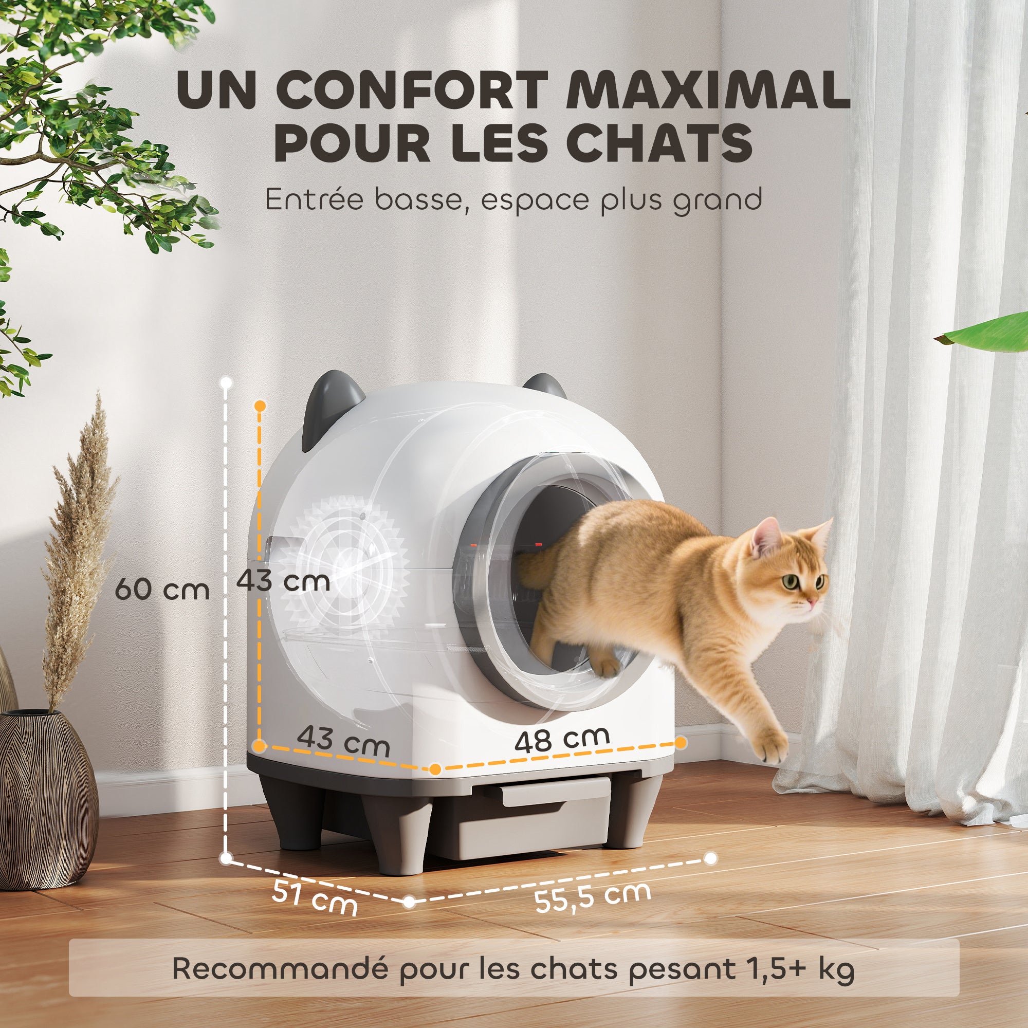 Bandeja areia gato autolimpante 80L automática controlo app anti-belisco 55.5x51x60cm branco - 5