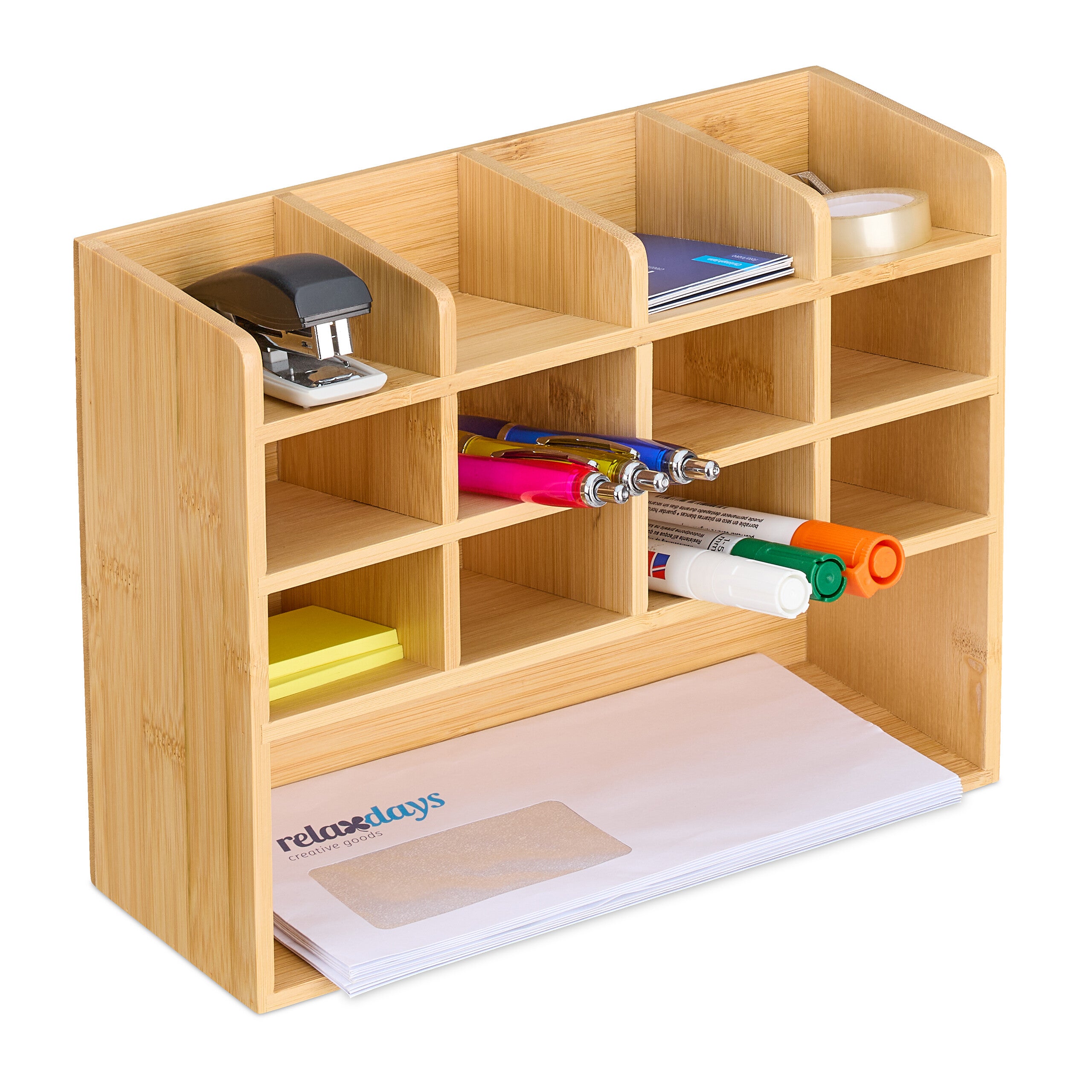 Relaxdays Organizer Da Scrivania In Bambù Con 2 Cassetti E 7 Scomparti - 15,5x33x20,5 Cm, Naturale