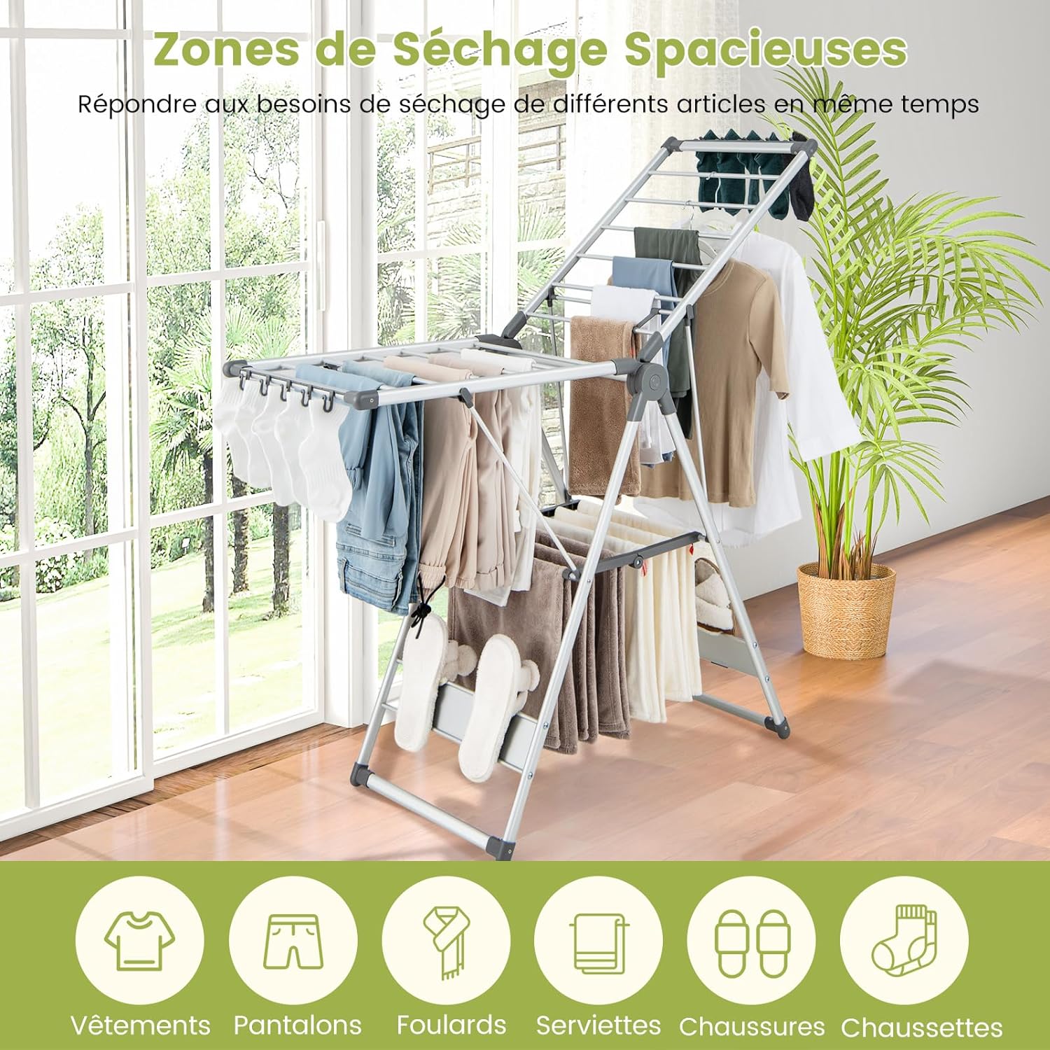 Étendoir Linge Intérieur, Sechoir à Linge Pliable en Alu 2 Niveaux, Seche Linge Intérieur Extérieur - 2