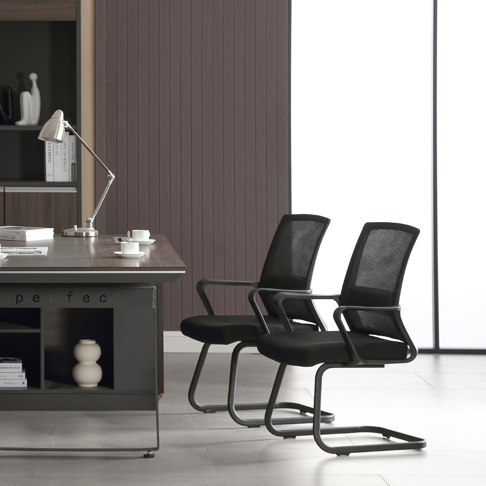 Chaise de bureau pour salle d'attente, lot de 2 fauteuils de conférence, de réunion, siège ergonomique avec accoudoirs, en tissu respirant noir - ZIK - 8