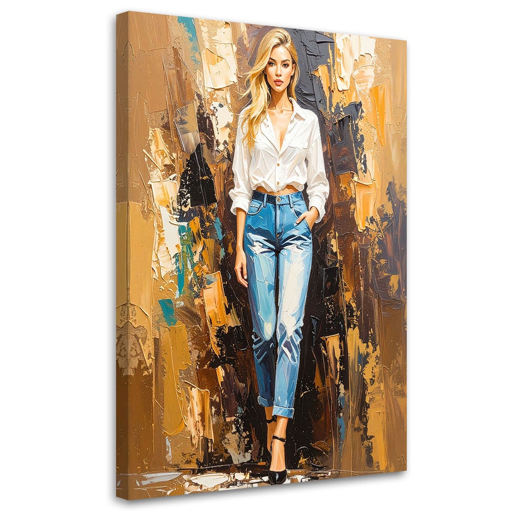 Obraz do salonu biura piękna dziewczyna w jeansach 70x100