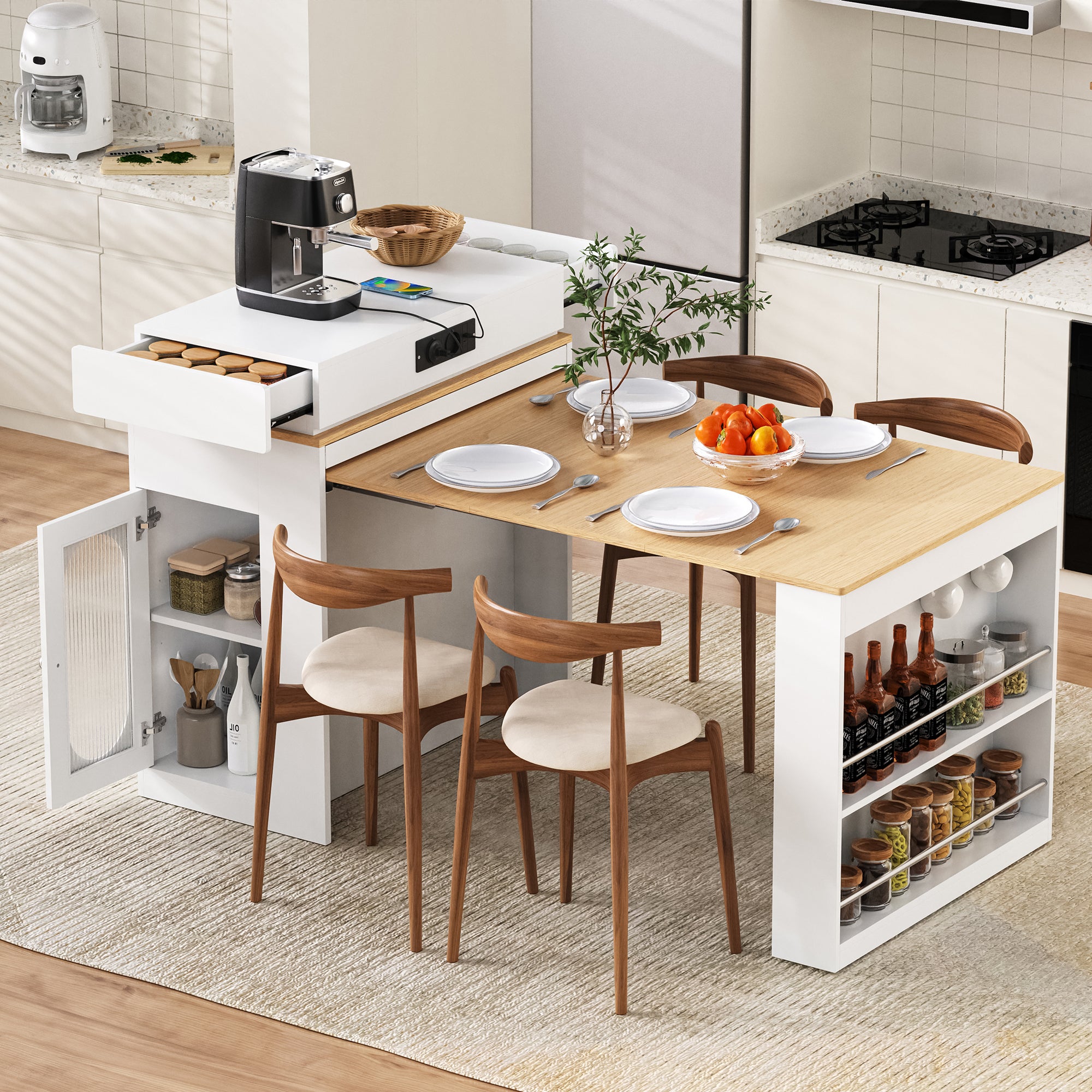 Isla de cocina 83x46x96 cm, tablero abatible extensible, tomas integradas y almacenaje, mdf y vidrio blanco