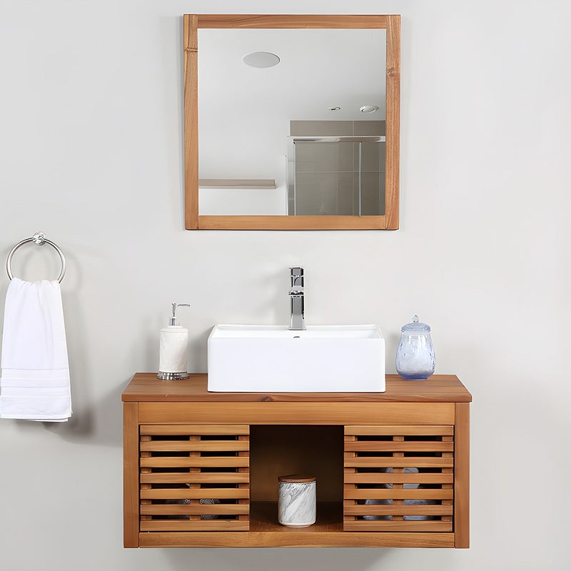 Szafka łazienkowa wisząca z drewna akacjowego z pojedynczą umywalką i lustrem - 90 cm - PENEBEL