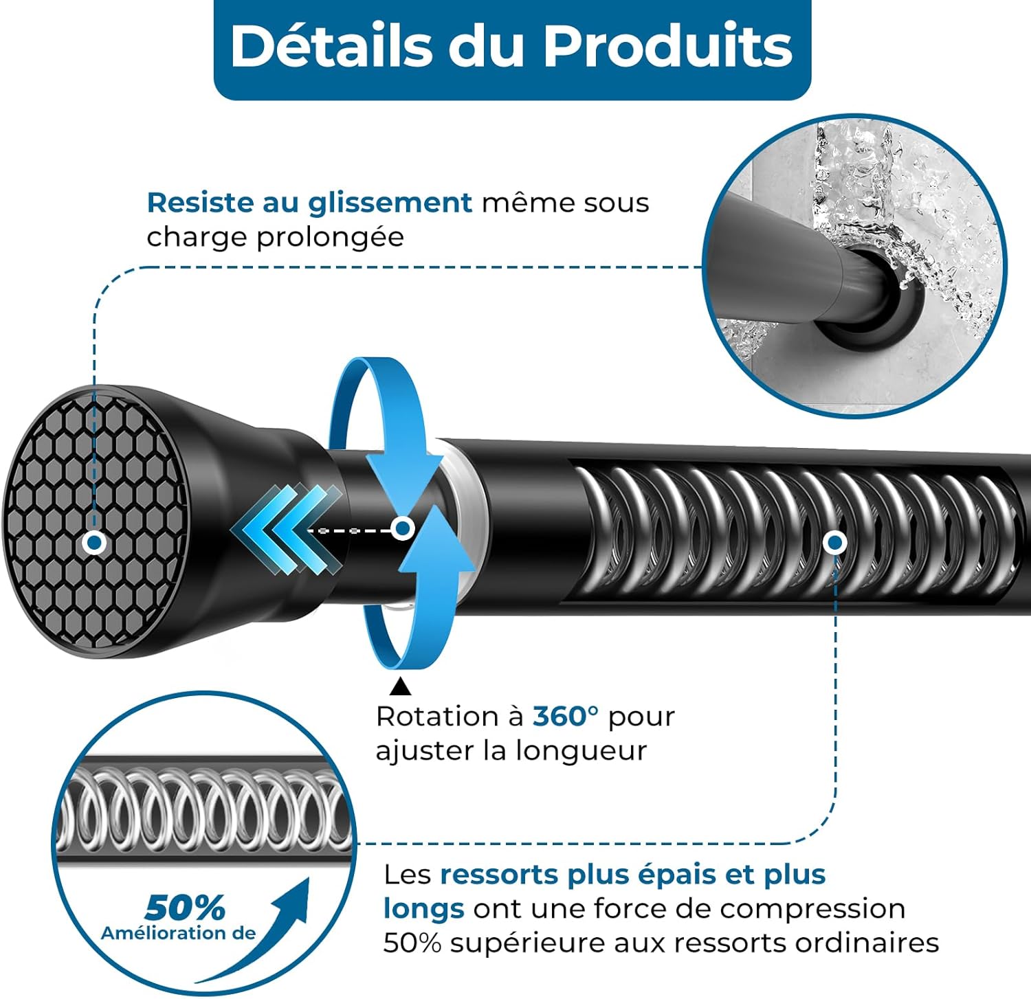1 ensemble de tringle à rideaux télescopique sans perçage, 50-80 cm ...