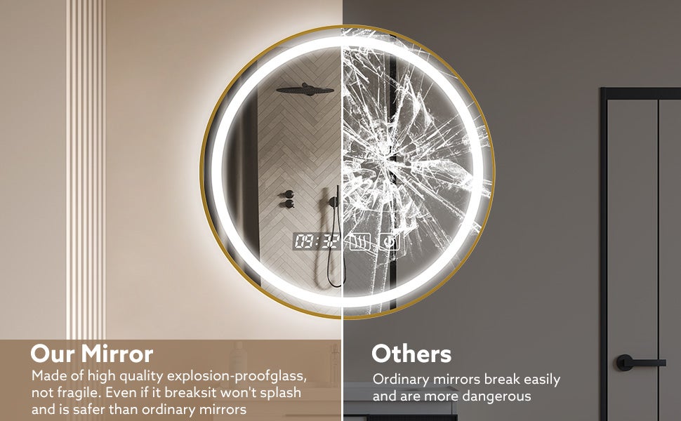 Miroir salle de bain LED 60x60cm anti buée à luminosité variable avec cadre doré - Eclairage 3 Couleurs - Miroir mural tactile à LED - 6