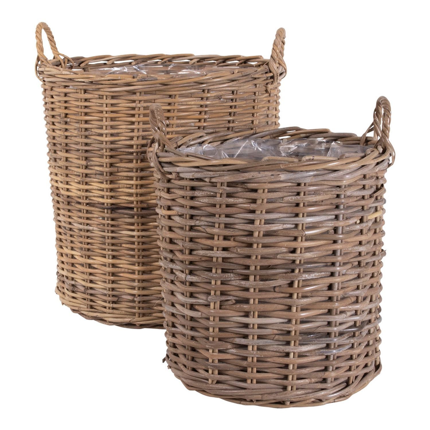 Set di 2 Cestini per Piante Rotondi in Rattan Beige Sabbia con Manici Bitola