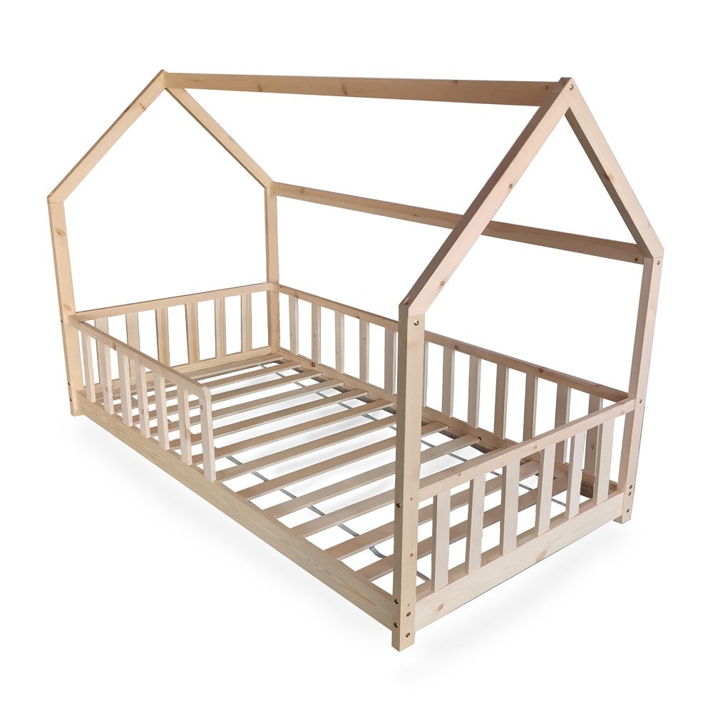 Lit cabane Kiwi 90x190 + 1 sommier + barrière /Bois clair - 2