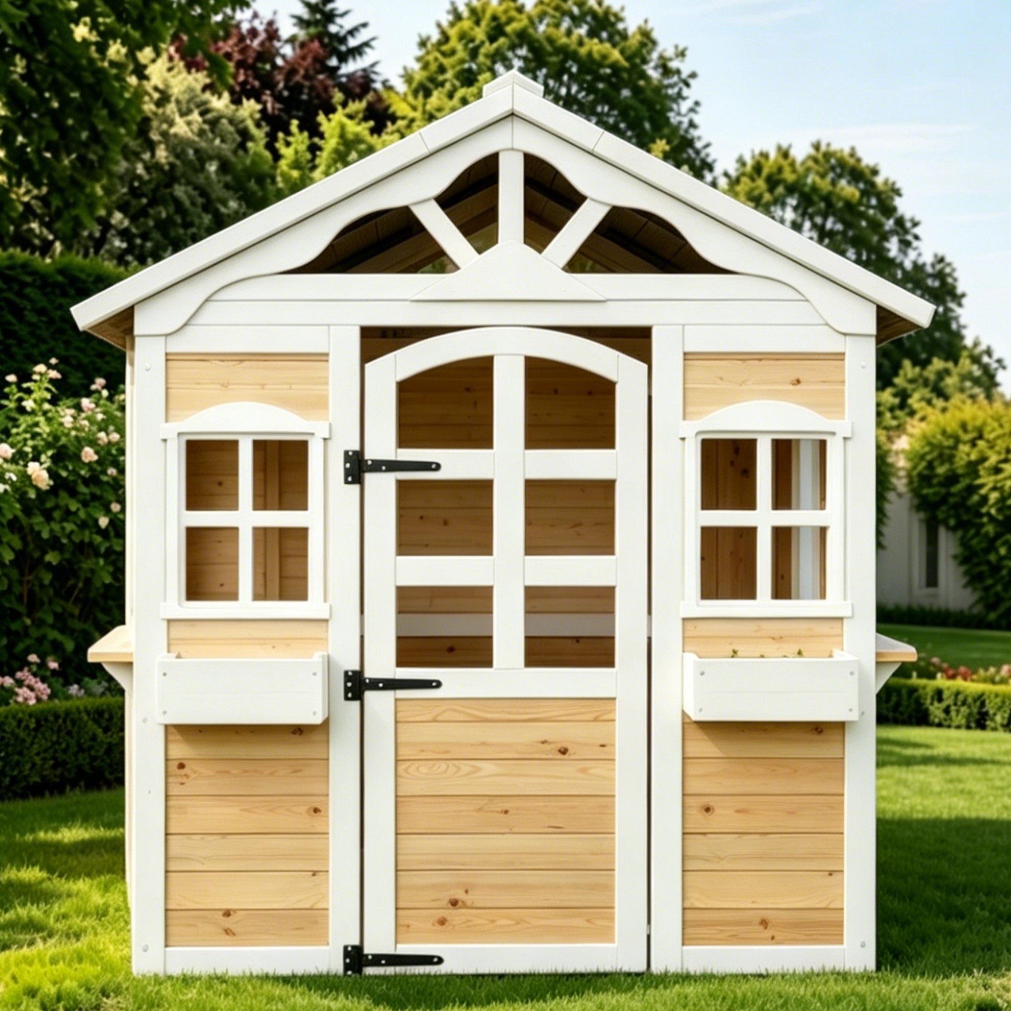Maisonnette de jardin pour enfants en bois de sapin, cabane outdoor avec fenêtre de vente, jardinière et toit résistant, certifiée EN 71 - naturel - 6