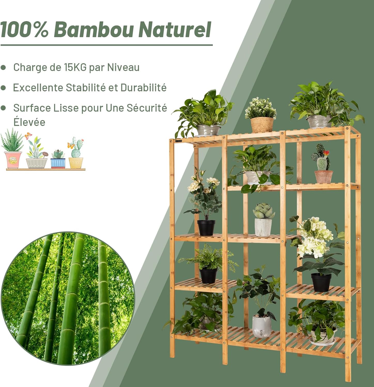 Support pour Plantes en Bambou à 5 Niveaux, Porte-Plante pour 12 Plantes en Pot Charge Total 50KG, Support de Rangement, 114 x 31,5 x 141 cm - 5