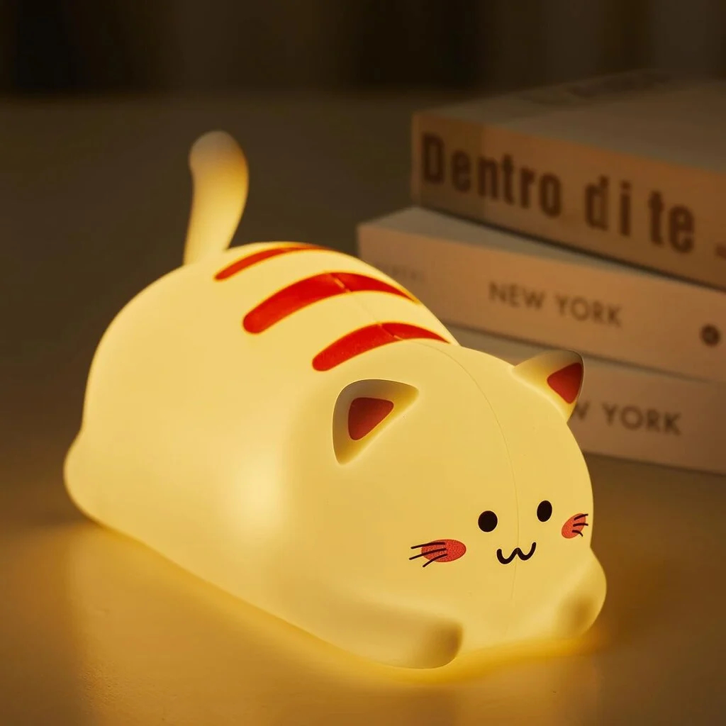 Luz de noche de gato, linda luz de noche de silicona con 2 niveles de brillo, lámpara de dormitorio recargable, blanco cálido + luz colorida