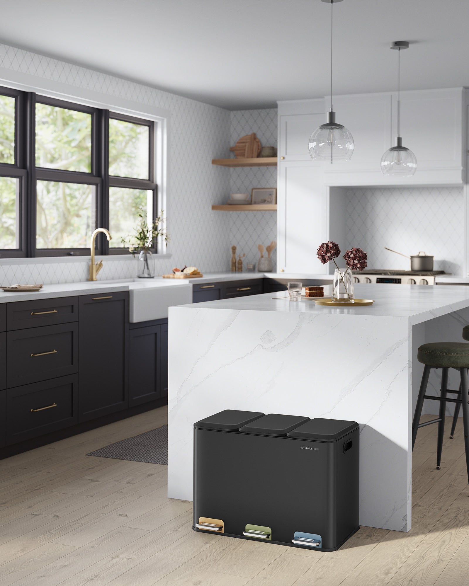 Papelera de Cocina Triple, Cubo de Basura de 3x15 L con Pedales