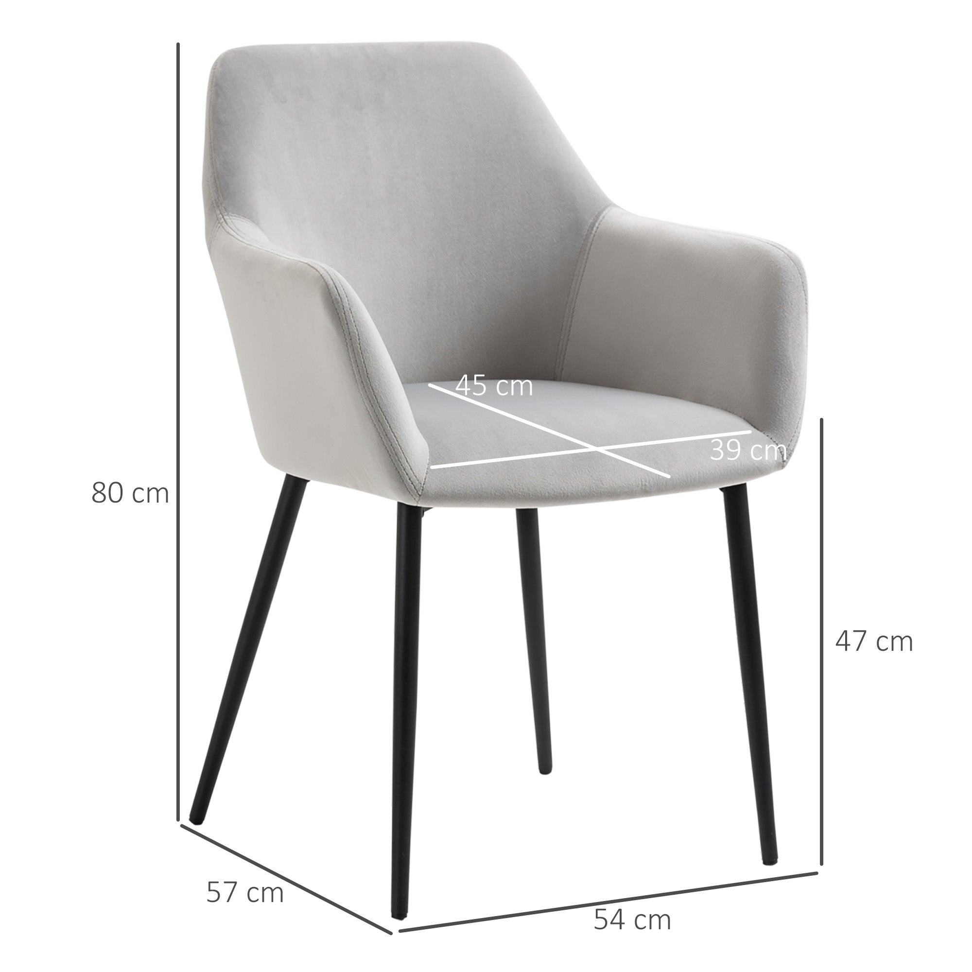 HOMCOM Set 2 Sedie per Soggiorno in stile Nordico con Schienale e Braccioli Ricurvi, Seduta Imbottita e Gambe in Acciaio, 54x57x80 cm, Grigio - 3