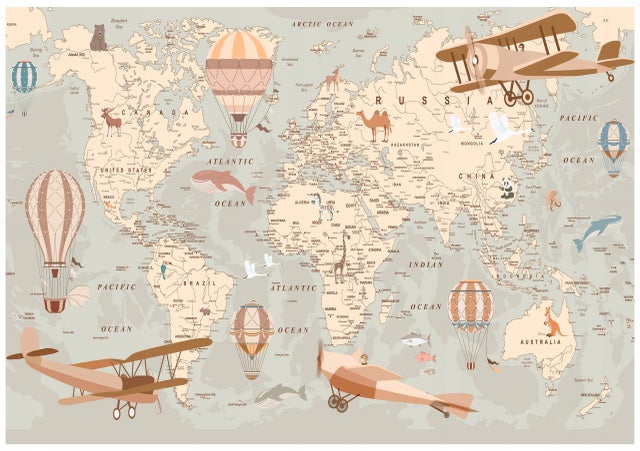 Papier Peint Enfant Intissé Panoramique Carte du monde Animaux 368x254 cm - Colle Inclus - Chambre Enfant - Papier Peint Beige