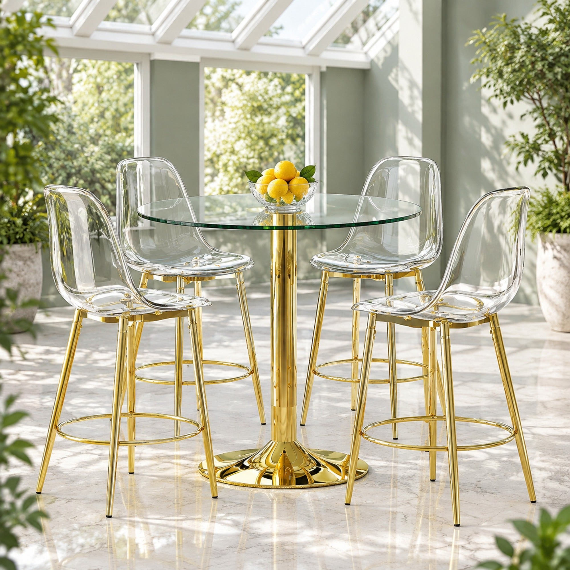 Ensemble table de bar et 4 tabourets transparents, plateau rond en ...