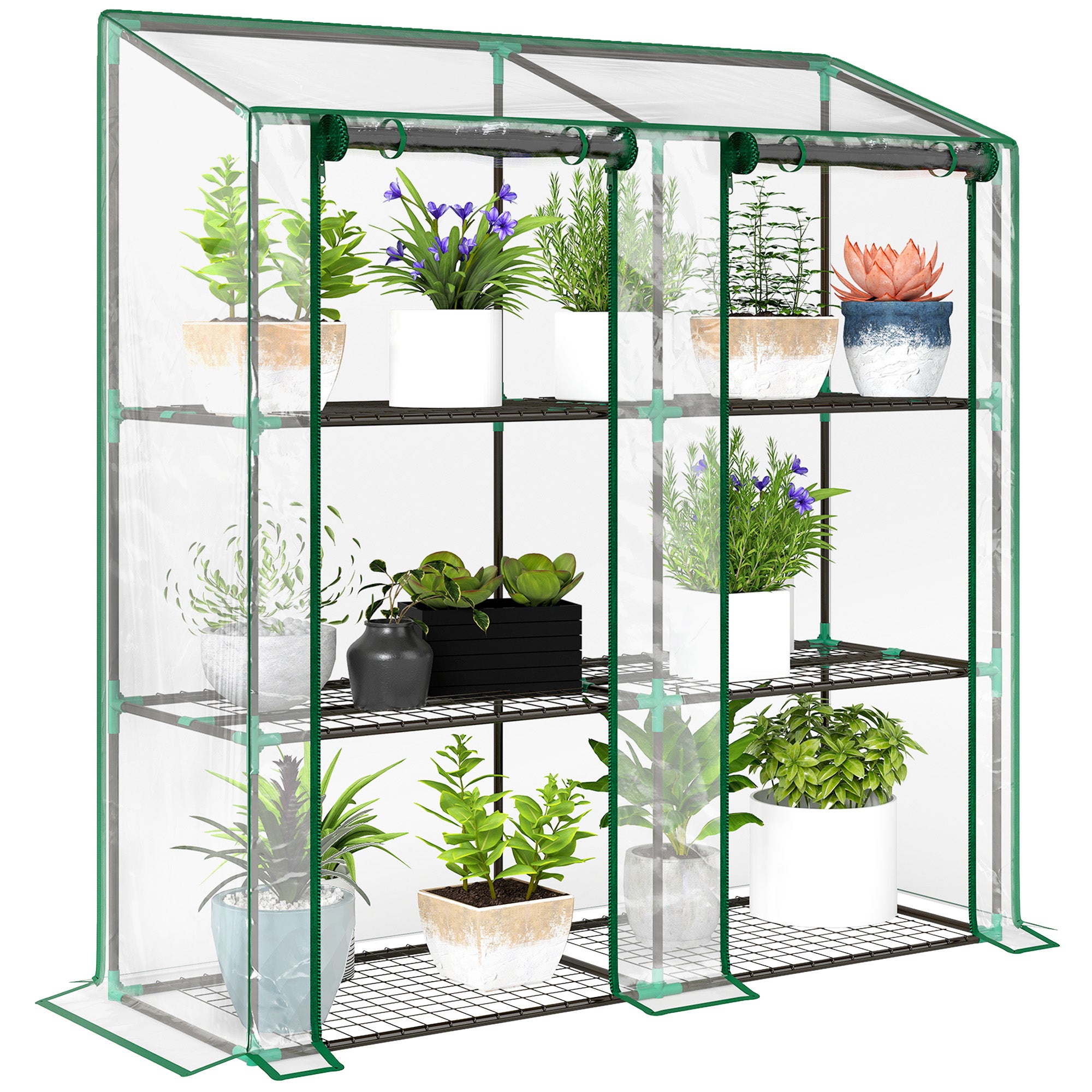 Rangement Mini serre de jardin 3 niveaux avec bâche en plastique 2 portes enroulables 6 étagères 143L x 46l x 141/151H cm - 3