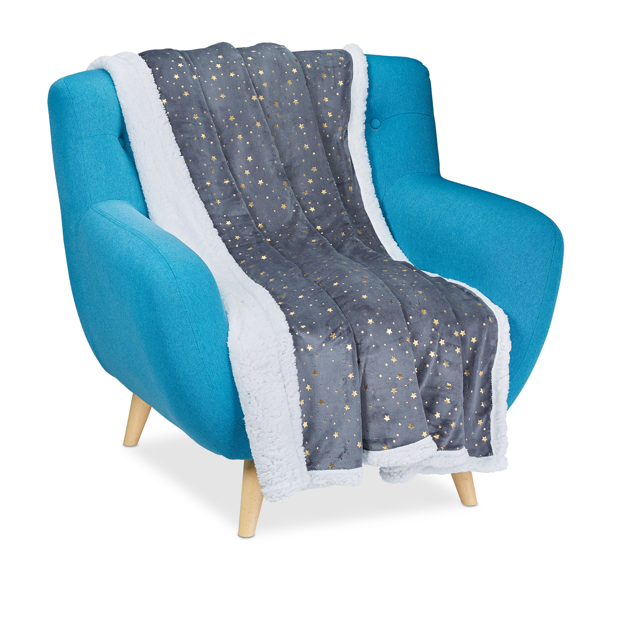 Relaxdays manta sofá, pelo suave, colcha, cobertor sillón, estrellas doradas, poliéster, 1 ud, 150 x 200 cm, gris-blanco