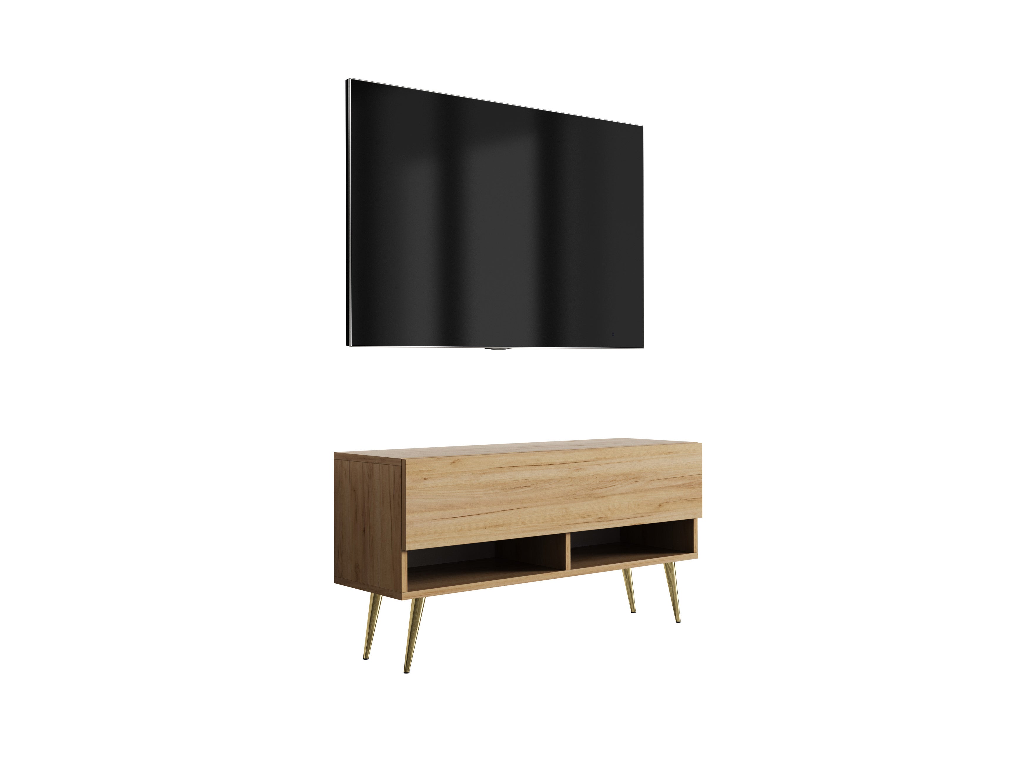 Szafka RTV : Dąb Craft, nóżki pochyłe złote, 100 × 32 × 52 cm