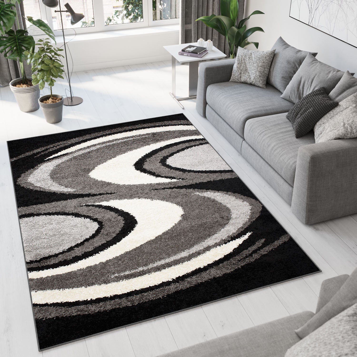 Tapiso delhi alfombra de salón dormitorio abstracto negro gris crema pelo largo shaggy suave 60 x 100 cm