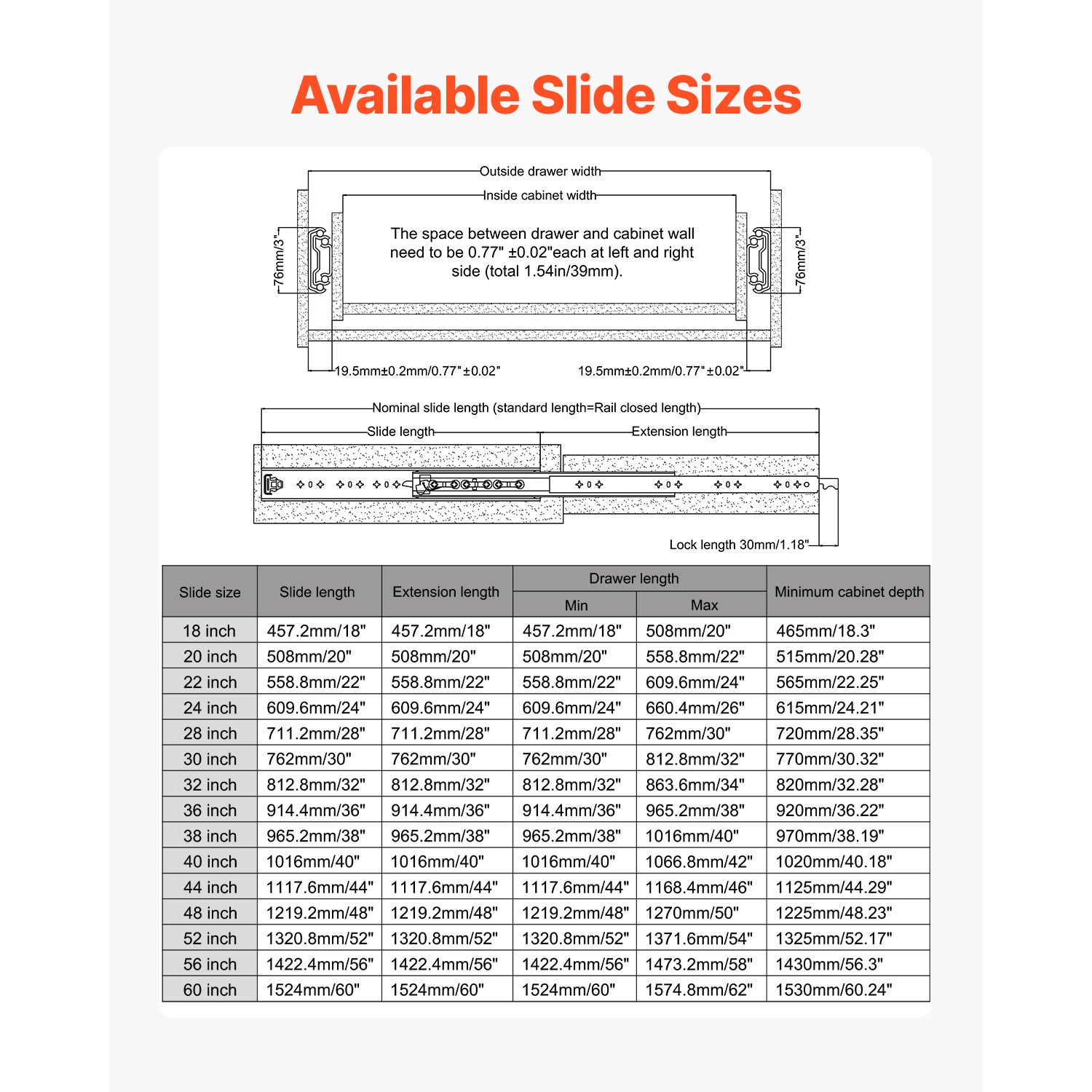 Glissières tiroir à extension complète,SucceBuy capacité charge de 500 lb,roulement à billes avec verrouillage,rail coulissant latéral,18 à 60 po - 8