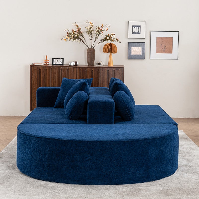 Canapé 5 places panoramique modulable - en tissu Chenille bleu - avec 6 oreillers - 263x171x66cm - 9