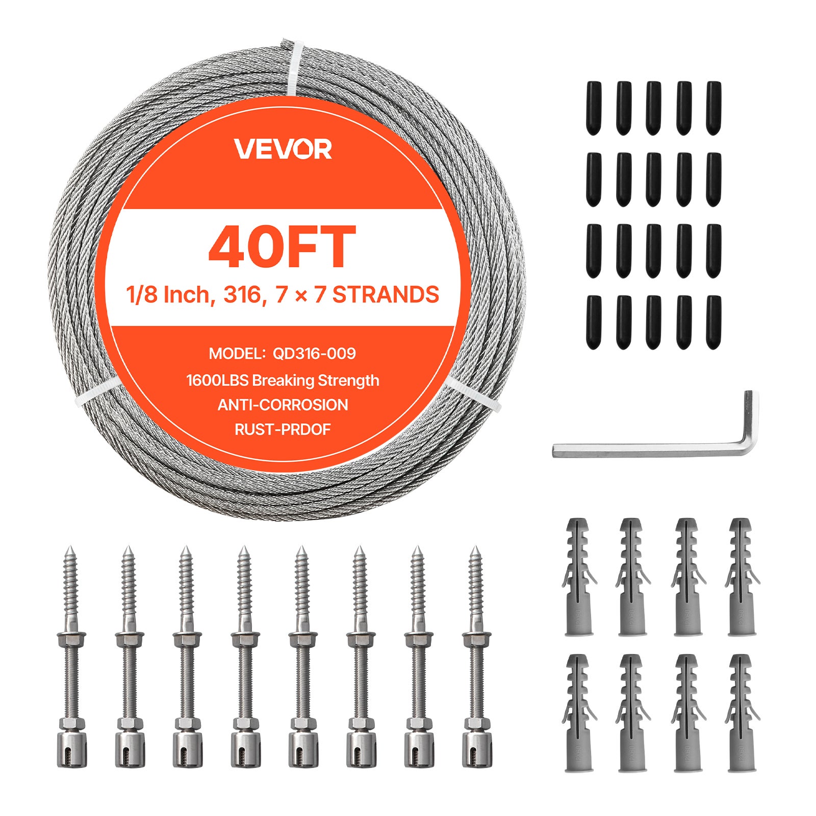 Cablu VEVOR din oțel inoxidabil 3,2 mm x 12,2 m Cablu inox 316 Set de fire înfășurate inox pentru balustrade de terasă, suspensii cu lumini decorative set