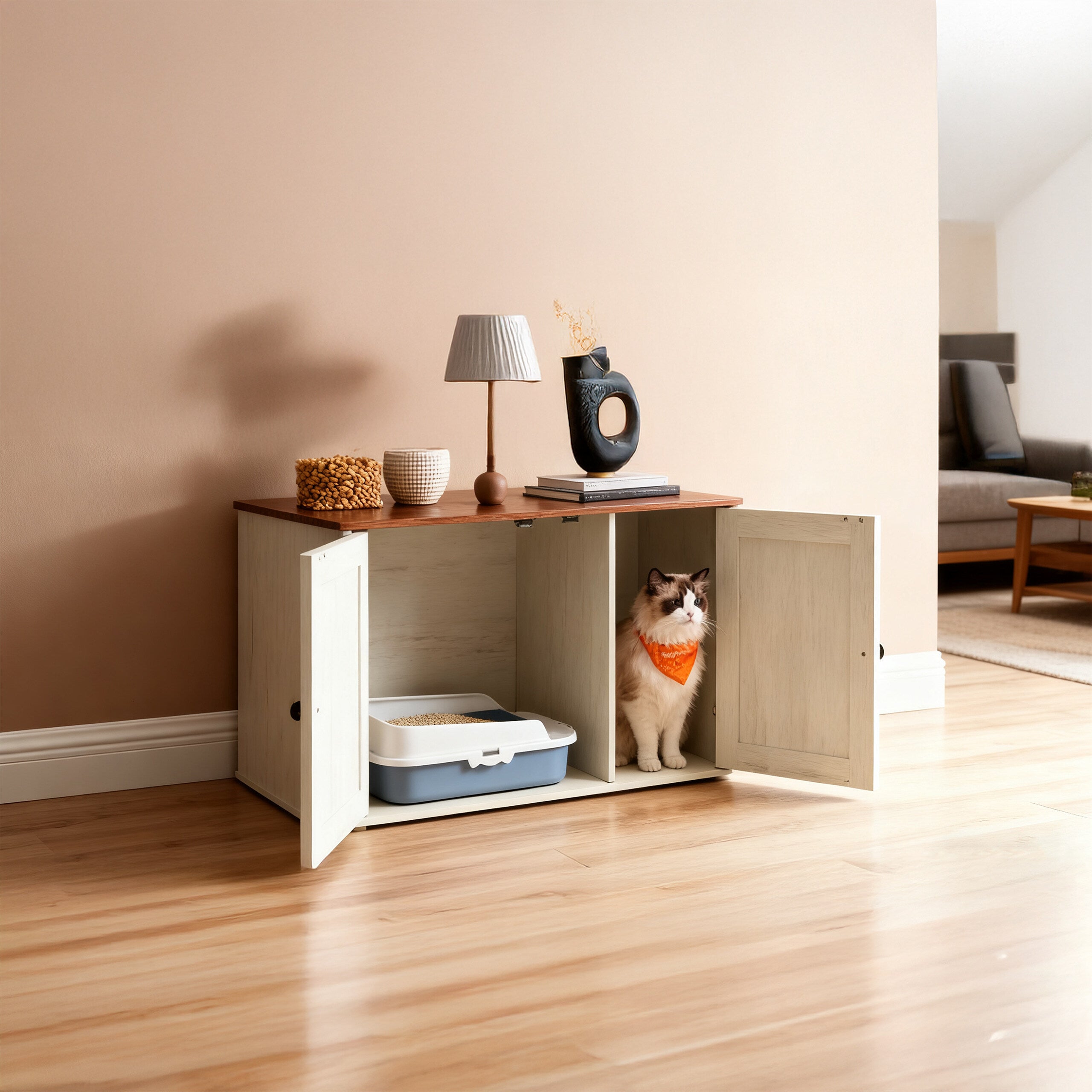 Armário para caixa de areia para gatos com divisória amovível e entrada lateral, MDF branco-castanho, 50 x 80 x 53 cm, Relaxdays - 3