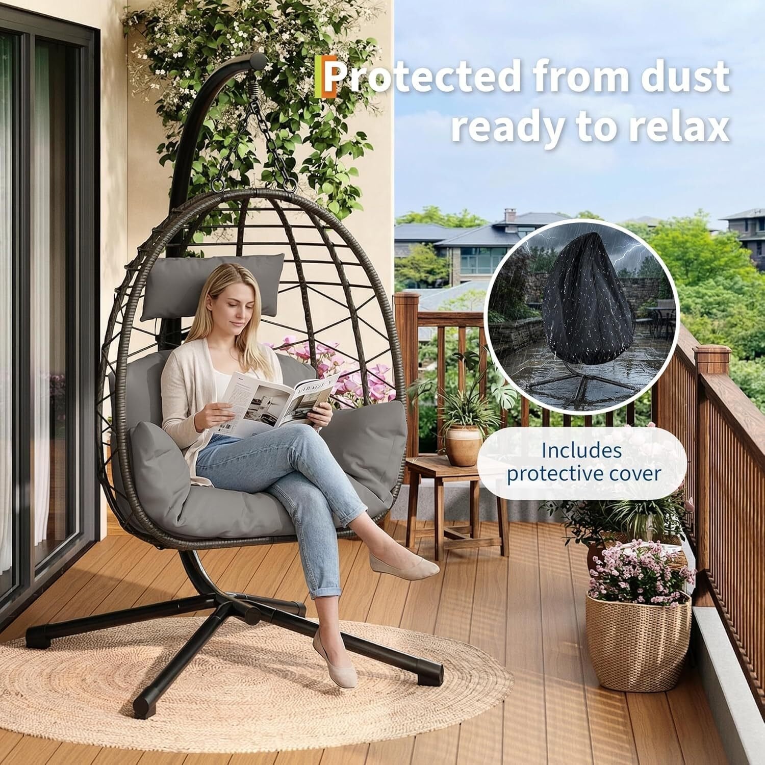 Fauteuil œuf suspendu en rotin avec support et coussin, pliable avec housse de protection, max 130 kg, pour intérieur et extérieur - 3