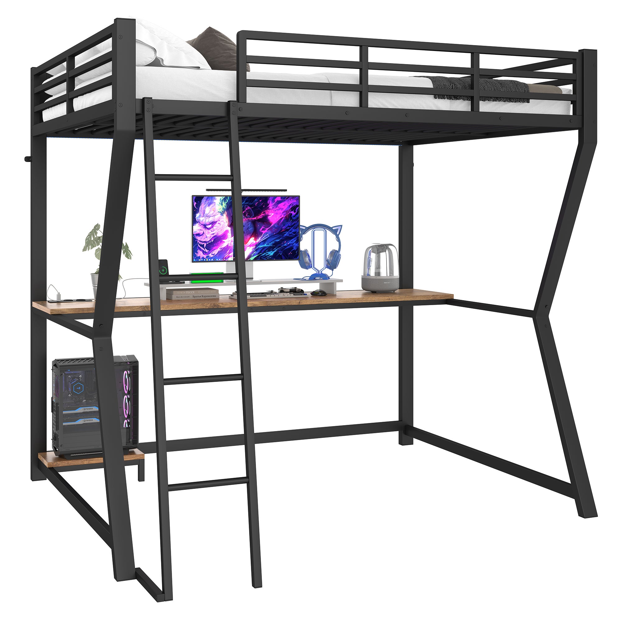 Lit mezzanine 140 x 200 cm avec éclairage LED, pour adultes et adolescents, avec Bureau, Étagre PC, Prises USB/Électriques Noir - 7